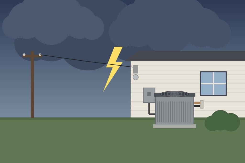 Illustration of a storm over a house, with lightning near the power line and an outdoor air conditioner unit beside the wall.